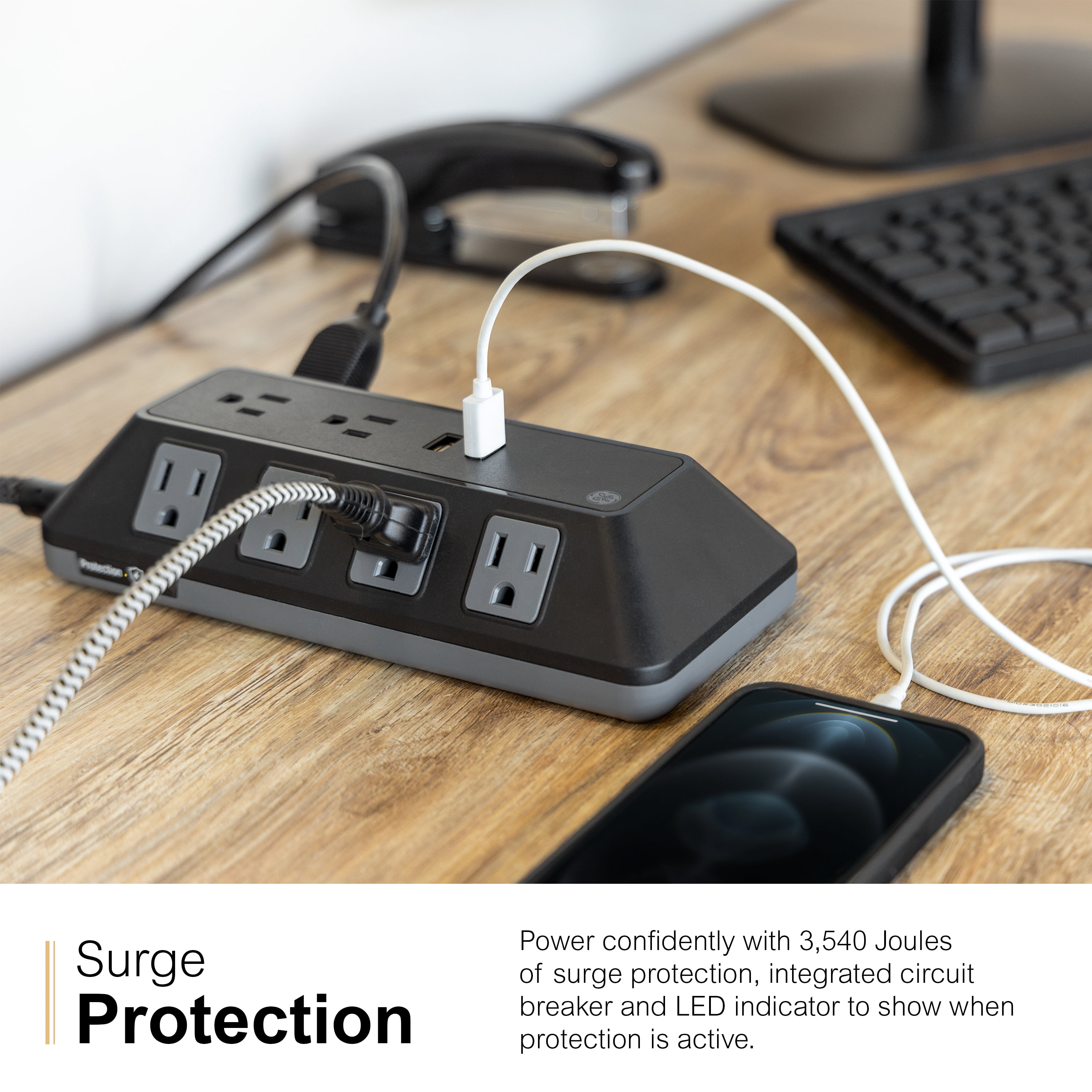 GE Adapt 10-Outlet Surge Protector Power Strip, USB Hub, 4ft Braided Cord, Black