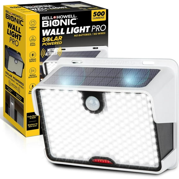 Bell   Howell Wall Light PRO - Solar Motion Lights Outdoor with Built-in Decoy Camera, 500 Lumens Waterproof Solar Wall Security Lights, Wall Mount, Floodlight, White