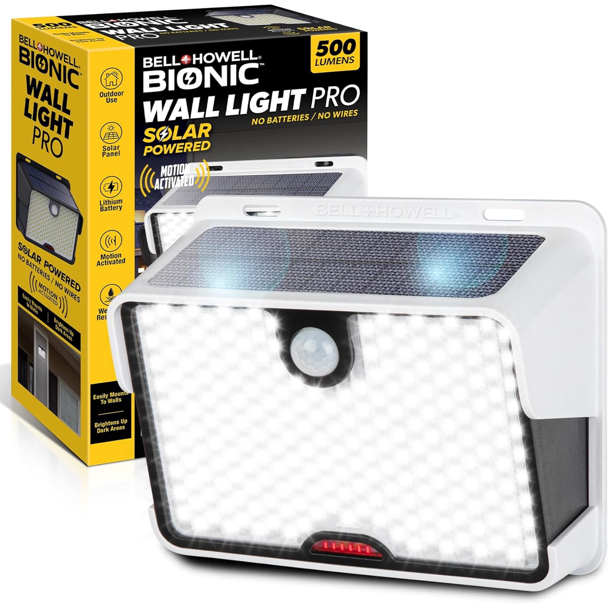 Bell + Howell Wall Light PRO - Solar Motion Lights Outdoor with Built-in Decoy Camera, 500 Lumens Waterproof Solar Wall Security Lights, Wall Mount, Floodlight, White