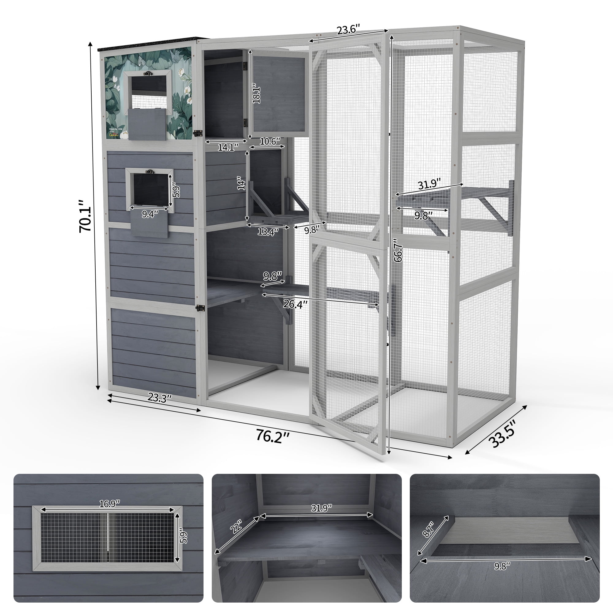 COZIWOW Wood  Cat House Catio Outdoor Enclosure, 2 Resting Condos, 2 Platforms, 4-Tier Cat Play Cage, Gray with Pattern