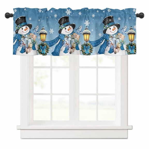 Blue Snowman Valances for Windows Christmas Winter Wreath Snowflake Xmas Rod Pocket Curtain Valance Window Treatment Short Curtains for Kitchen Living Room, 60"x18"