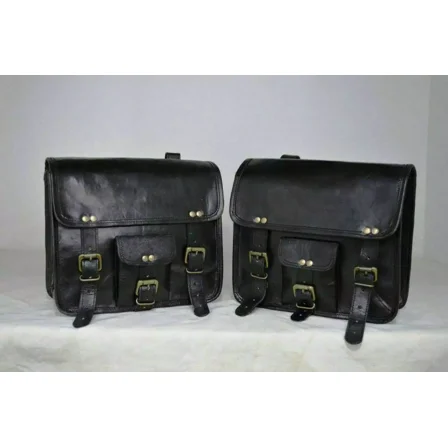 Shakun Leather 3 Genuine Black Leather Motorcycle Saddle Bag Combo Tool Pouch Storage Side Bags