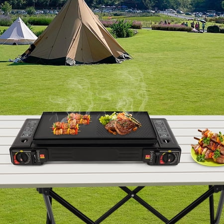 Camping Stove with Baking Tray&Portable Case 2 Burners Camping Stove for Outdoor Cooking Picnics Camping Trips Yard Parties Patios RVs