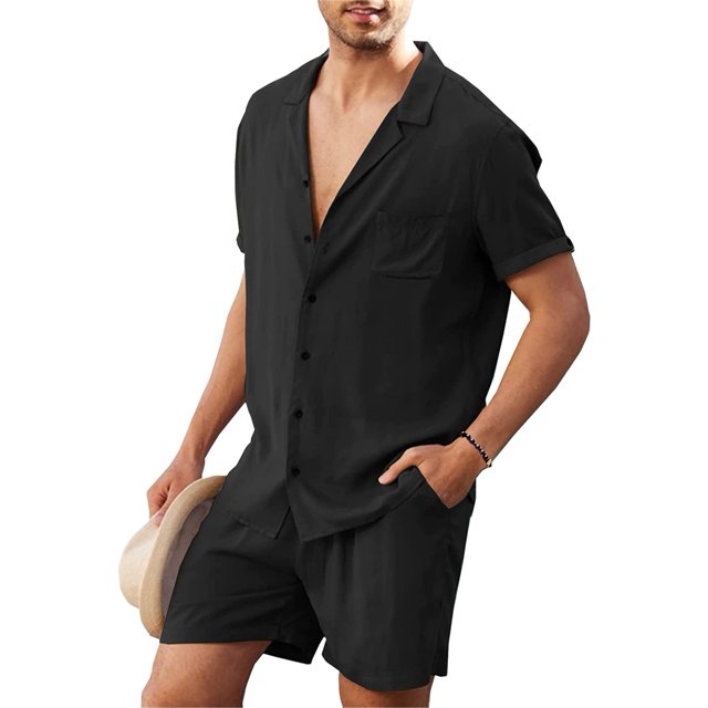 Conjunto de camisa de lino de algodón de manga corta para hombre traje casual con botones transpirable para playa negro M