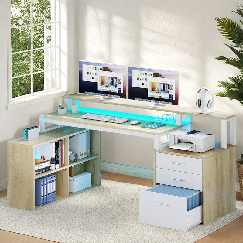 Uforic L Shaped Desk with LED Light & Power Outlets, Corner Computer Desk with Drawers & Open Storage Shelves, Oak