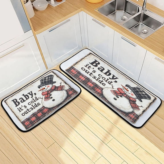 Kitchen Rugs and Mats【2 PCS】Non Skid Blake Plaid Hat Snowman Creative Kitchen Mat