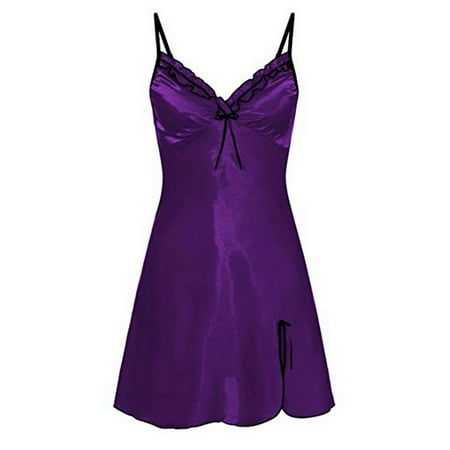 

Women Sexy Silk Satin Lace V-neck Nightgown
