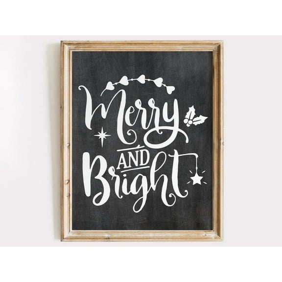 Merry And Bright Chalkboard Art Print Wall Decor For Festive Kitchen Or Entryway UNFRAMED Poster, 8x12