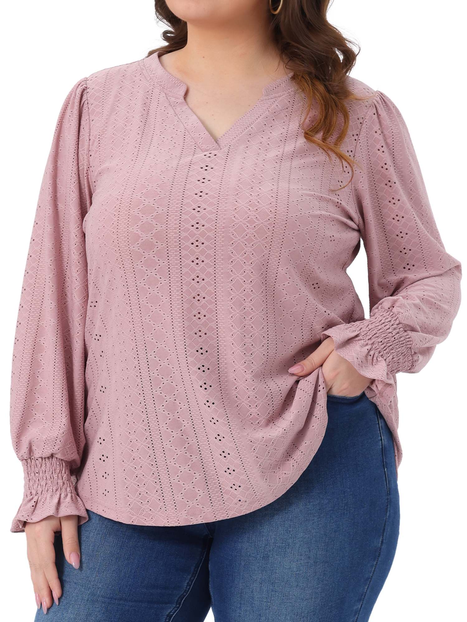 DARING DIVA Women's Plus Notched V Neck Eyelet Smocked Shirts Blouses 4X Gray Pink