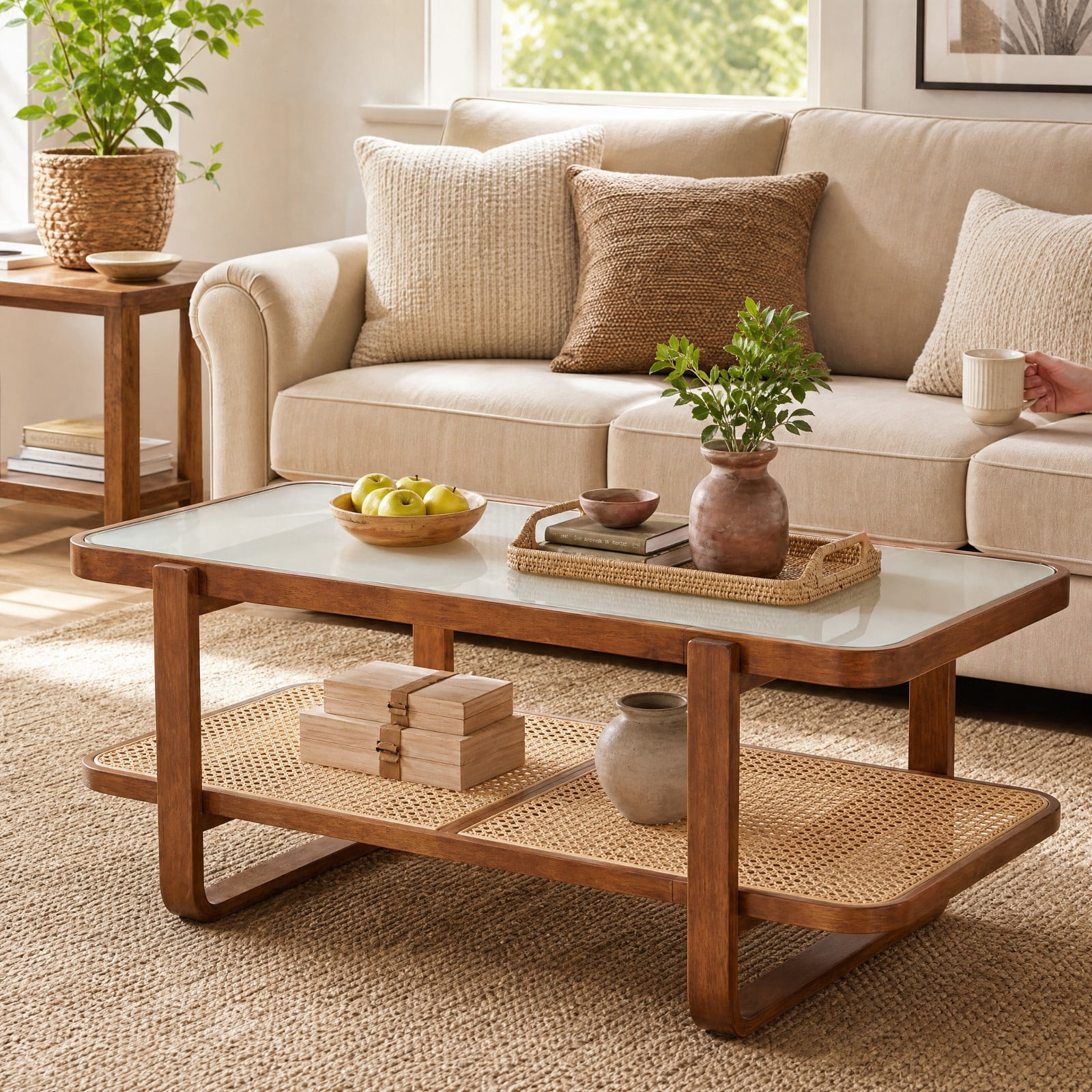 Furnibear Rattan Coffee Table with Frosted Tempered Glass Top and Storage Shelf for Living Room 2 Tier Center Table, Walnut