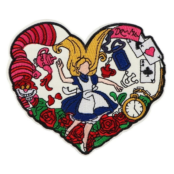 Alice in Wonderland Heart Shaped 4.5 Inch Wide Embroidered Iron on Patch