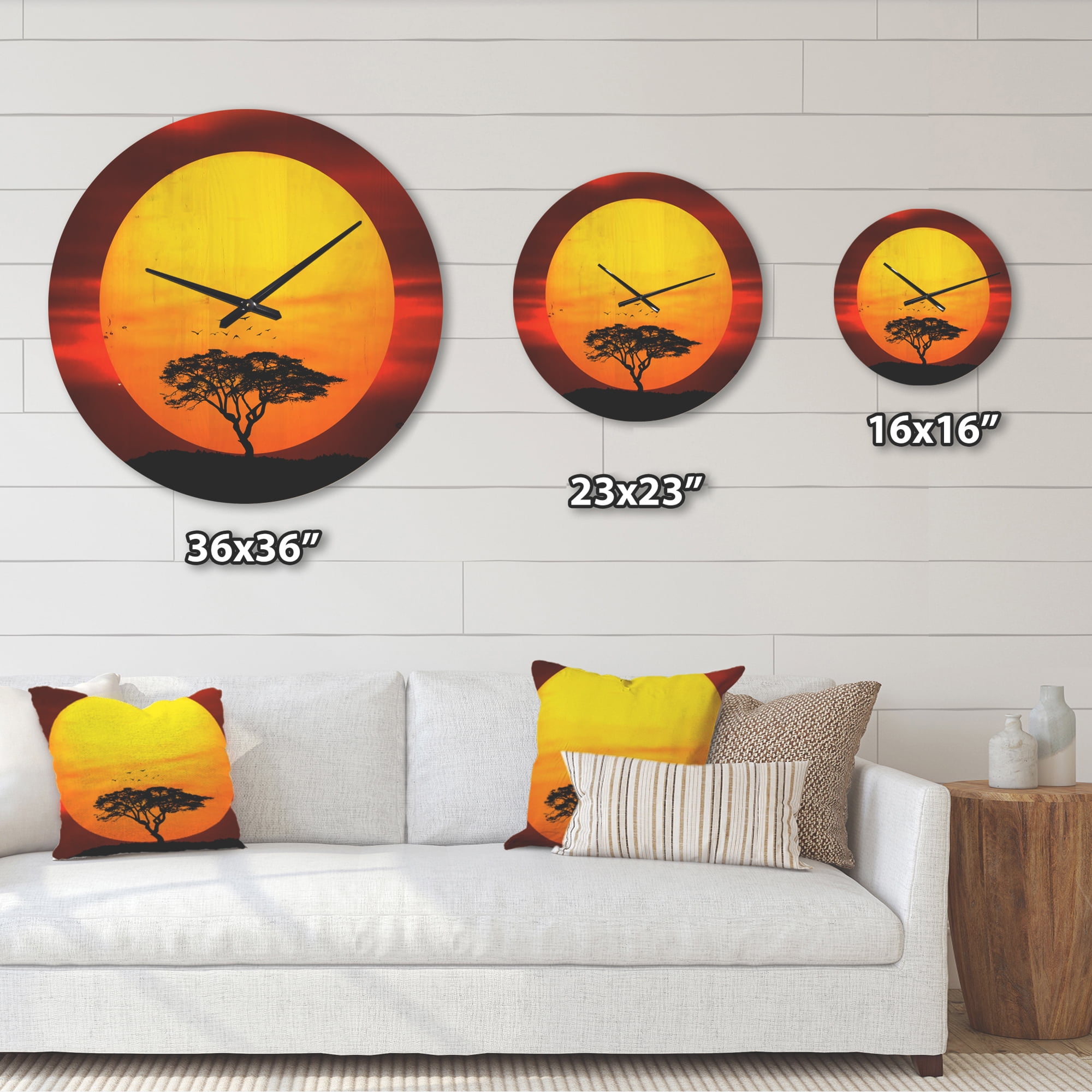 Designart 'Lonely Tree With Birds at Evening Glow' Modern Wood Wall Clock