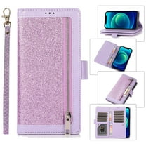 Feishell Sparkle Case For iPhone X / XS, Women Wallet with Card Holder, Glitter Bling Flip PU Leather Magnetic Kickstand Zipper Purse Case Wrist Strap For iPhone X / XS, Purple