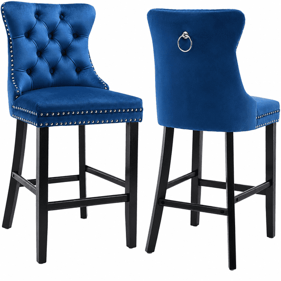 Bar Stools Set of 2, LEGAHOME Velvet Counter Height Bar Stools with Back, Button Tufted Upholstered Kitchen Island Chairs with Nailhead Trim, Solid Wood Legs, Footrest, Blue