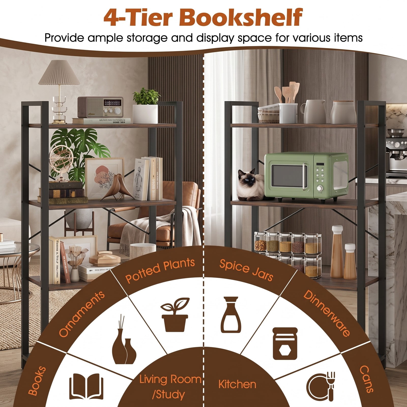 Furnibear 4-Tier Bookshelf with Heavy Duty Metal Frame, Industrial Freestanding Display Storage Shelf with X-Shaped Bracket and Anti-Tip Kits for Living, Rustic Brown