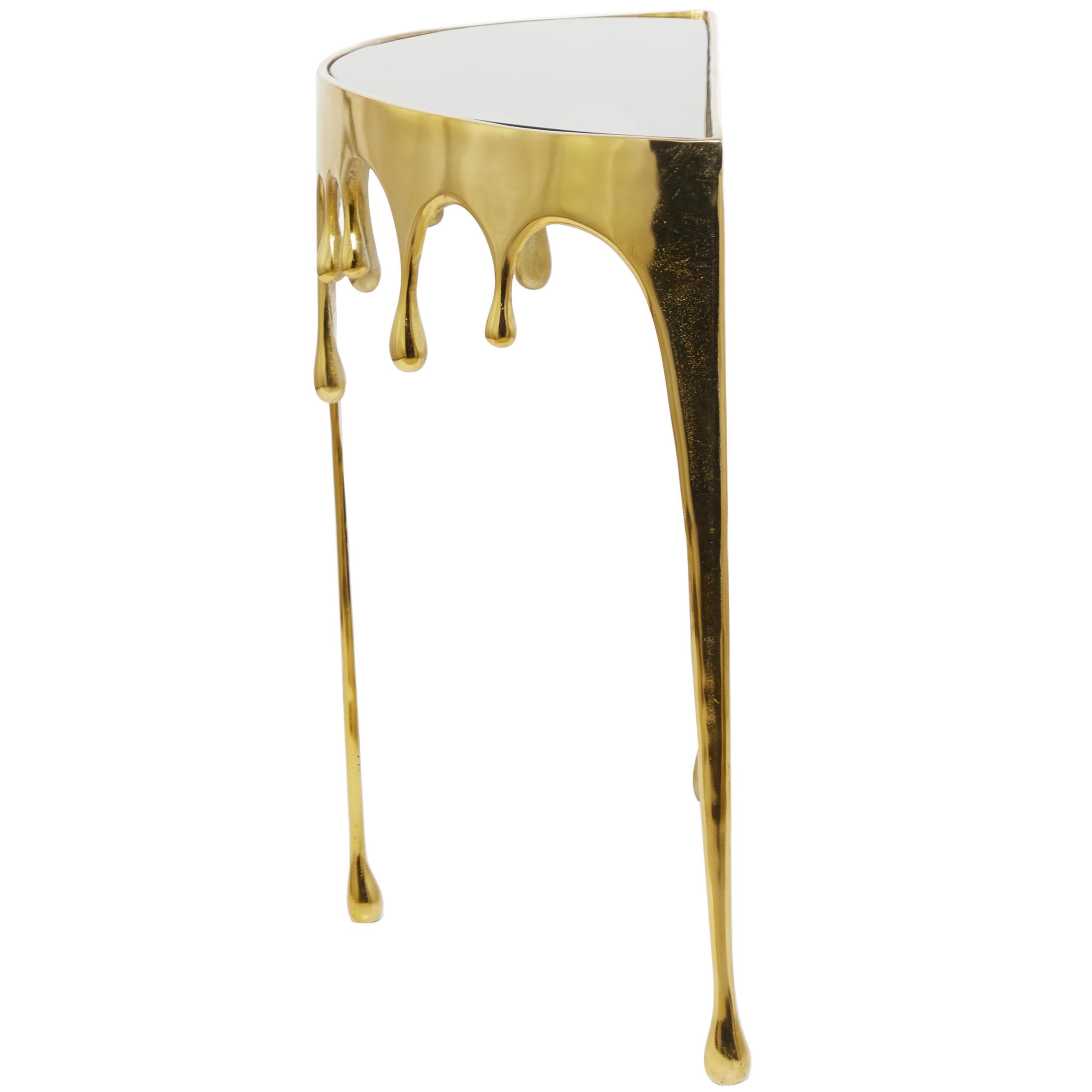 DecMode 36" x 32" Gold Aluminum Metal Half Moon Drip Abstract Console Table with Melting Designed Legs and Black Glass Top, 1-Piece