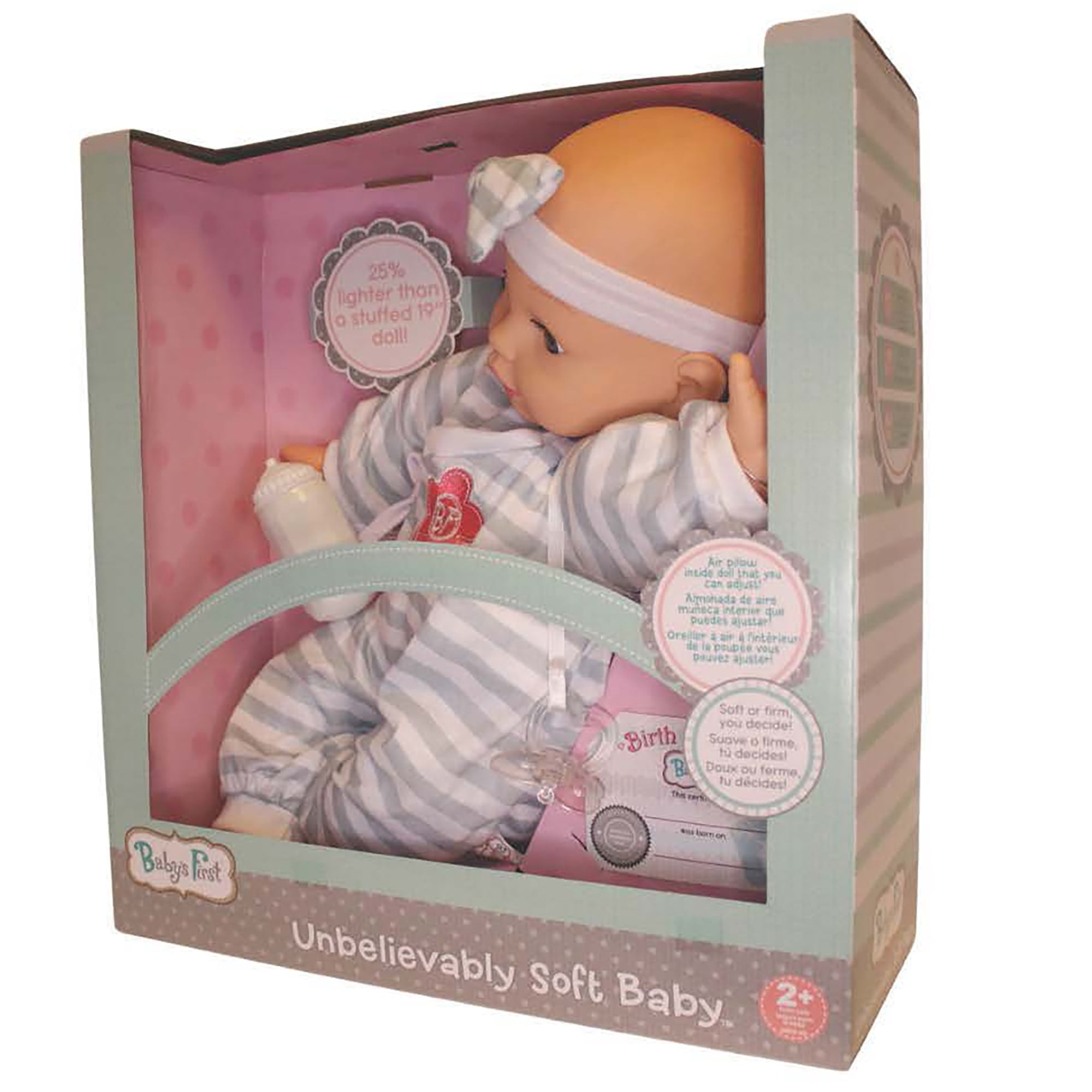 Goldberger Baby's First 19" Unbelievably Soft Baby Doll in Gray Striped PJs. Patented "Air Pillow" Tummy - Super Light and Huggable - For Toddlers 2 Years & Up