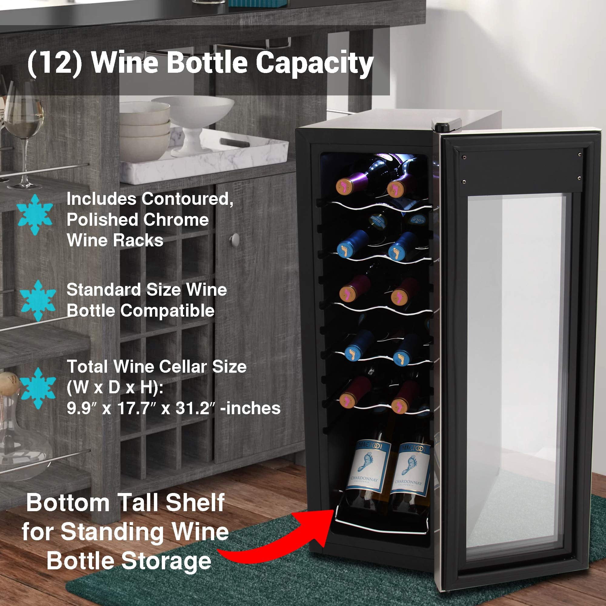 NutriChef PKCWC12 12 Bottle Cooler Refrigerator White and Red Countertop Chiller W/ Digital Control