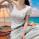 thumbnail image 4 of Women's Casual Short Sleeve Button Tee Bows Embroidered Accent Slim Fit T-Shirt Solid Color Ribbed Crop Top Bouse White L, 4 of 4
