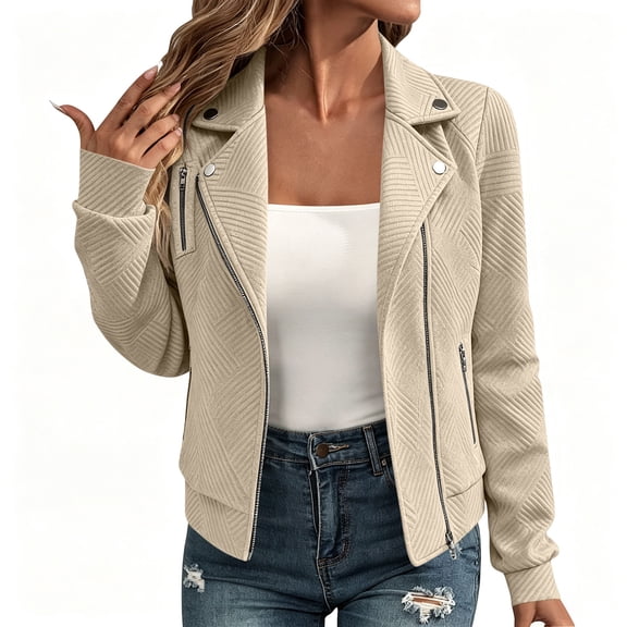 ZGRBOU Women's Zip Up Motorcycle Jacket Casual Long Sleeve Lapel Collar Moto Coat Soft Short Biker Bomber Outerwear
