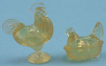 Miniature Dollhouse Chrysnbon Rooster and Hen Dish yellow Amber 