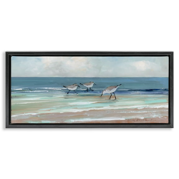 Stupell Industries Panoramic Sandpipers on Shoreline Nature Painting Black Floater Framed Canvas Art Print Wall Art, 25 x 11