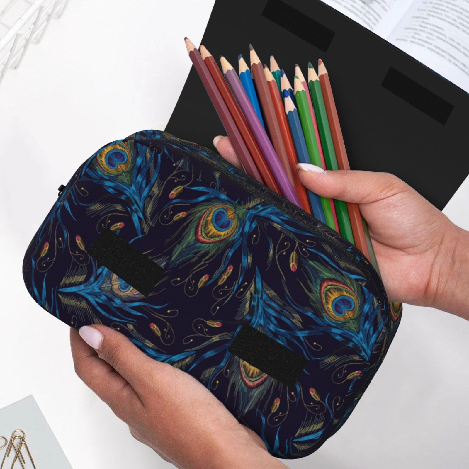 Rateoe Peacock Feathers Pattern Double Clamshell Pen Case, Storage Organizer with Two Zipper Compartments– Holds Up to 50 Pencils & Pens