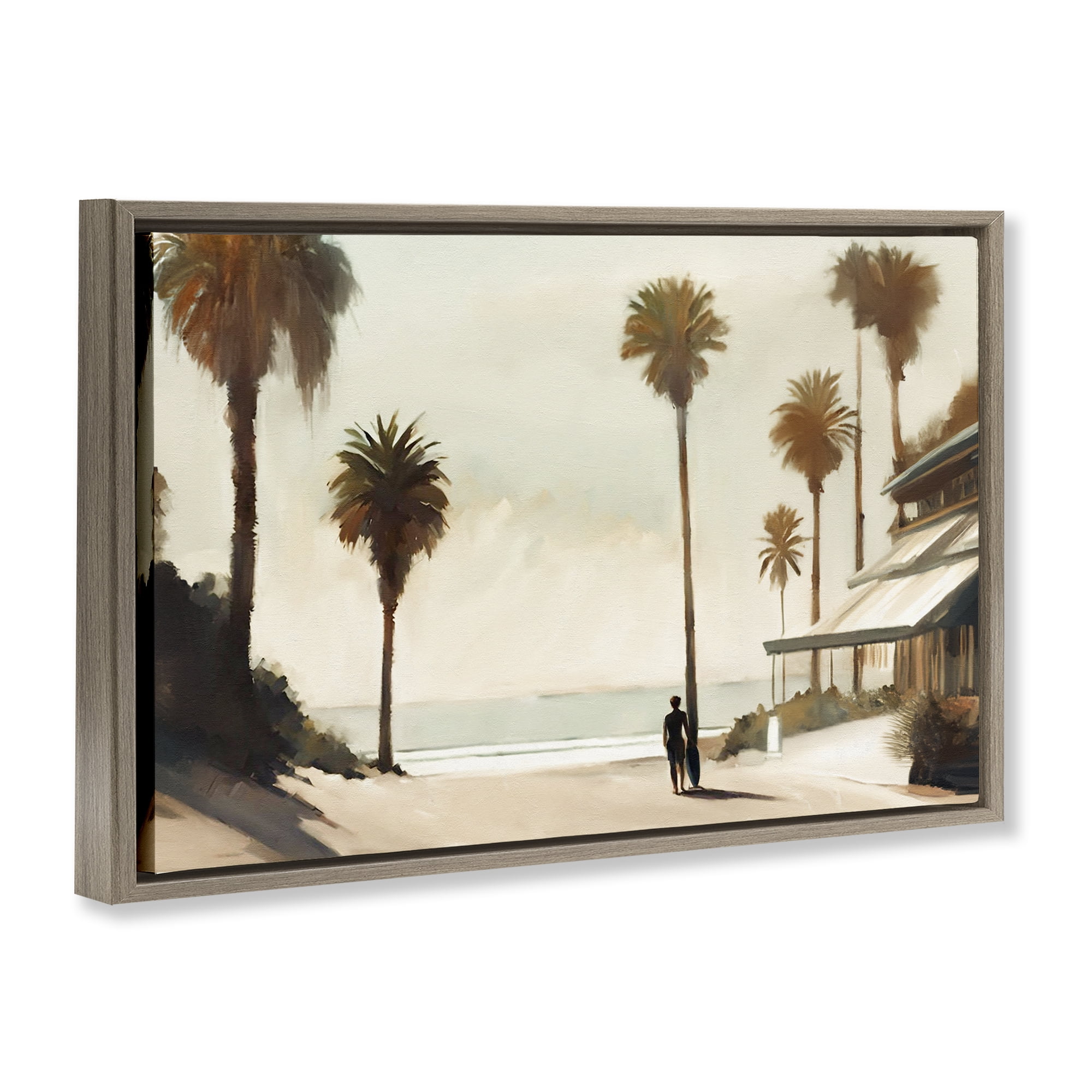 Stupell Industries Tropical Café Del Mar Landscape & Nature Painting Brown Floater Framed Canvas Art Print Wall Art, 31 x 21