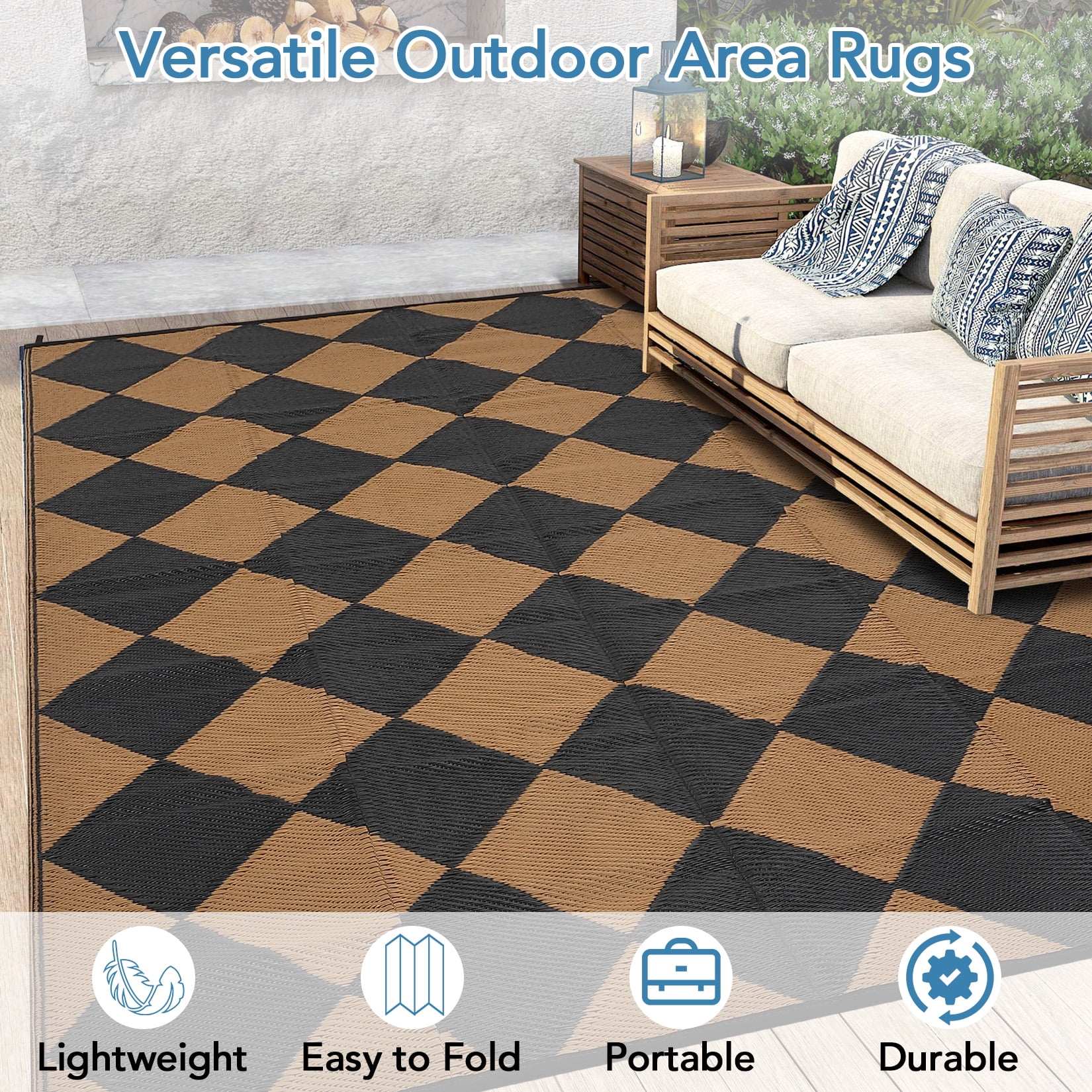 Twister.CK Outdoor Rug 9'x18' Waterproof Patio Rug, Reversible Lightweight Plastic Carpet for Deck Balcony Porch Decor, Black and Brown