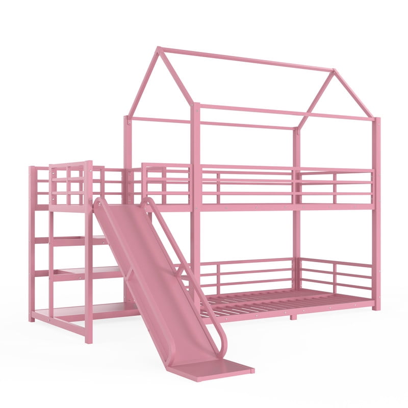 Twin-Over-Twin Metal House-Shaped Bed Frame with Multi-Functional Storage Stairs, Kids Bunk Bed with Slide