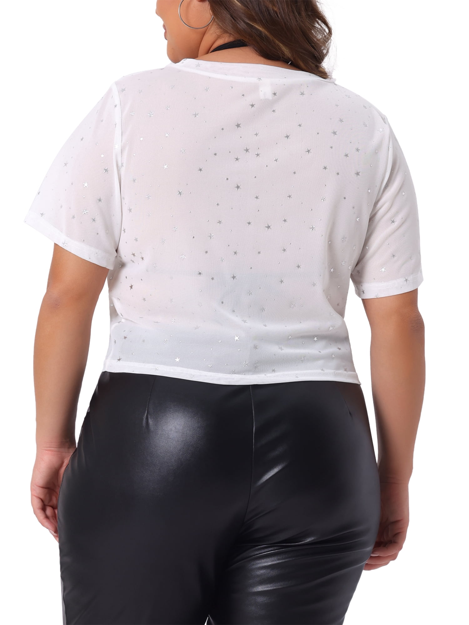 DARING DIVA Women's Plus Glitter Silver Star Sheer Crop Blouse 4X White