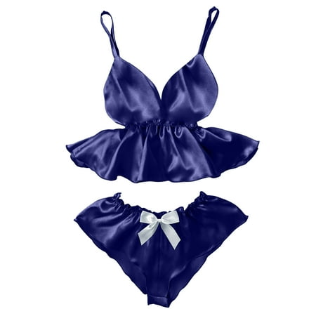 

DNDKILG Lace Satin Two-Piece Sleepwear Nightwear for Women Sexy Cami Crop Top and Shorts Sets Pajamas Set Loungewear Pj Set Dark Blue 2XL