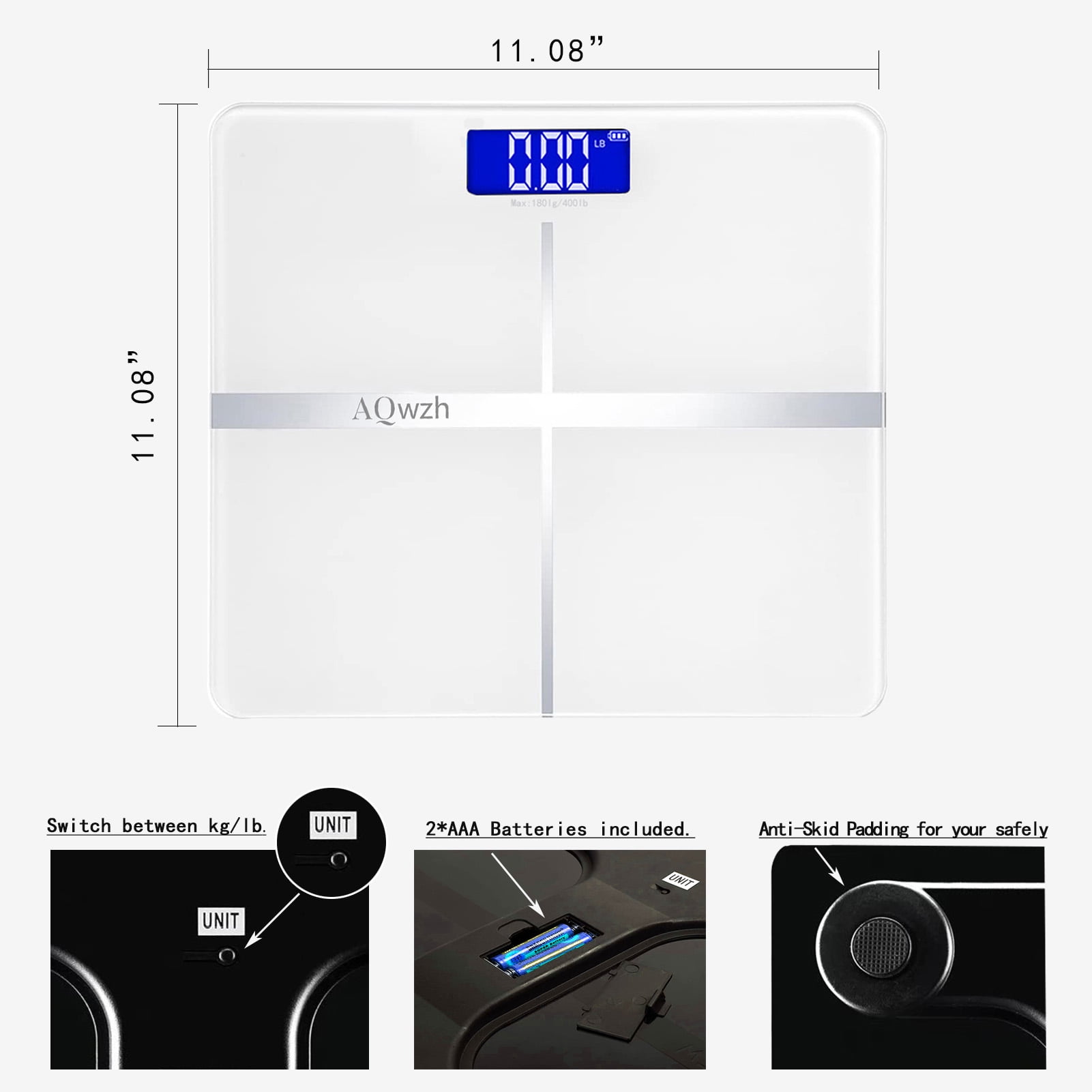 Digital Scale, Body Weight Bathroom Scale 396lb/180kg High Accuracy, Step-On Technology with Lithium Rechargeable Battery. - Black, New