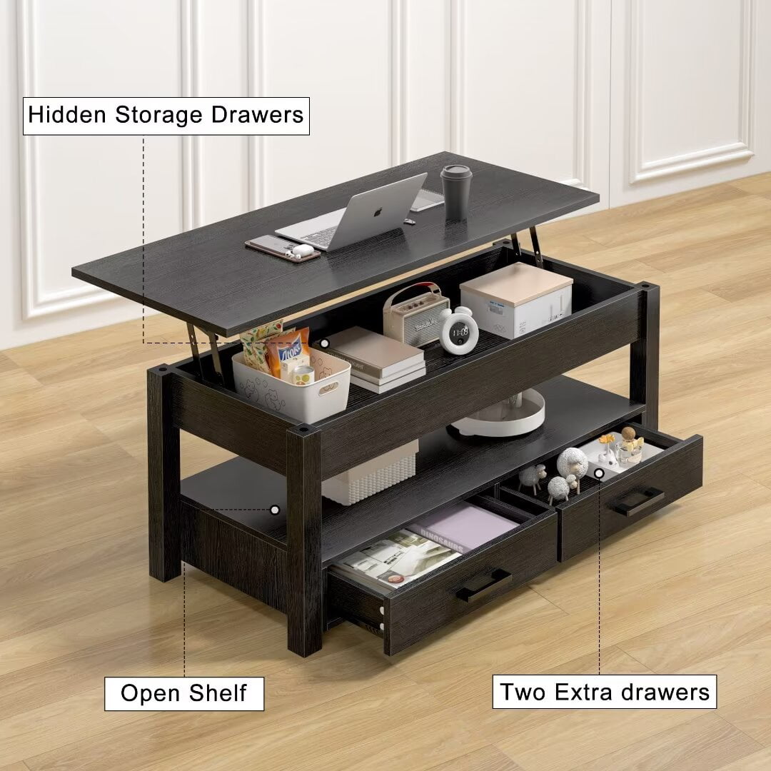 GUNAITO Lift Top Coffee Table with 2 Drawers,Wooden Convertible Coffee Table with Storage for Living Room,Center Table,Black,42"