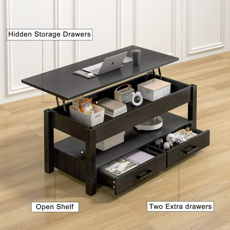 Doveaid Lift Top Coffee Table with 2 Drawers Wooden Convertible Coffee Table with Storage for Living Room Center Table Black 42
