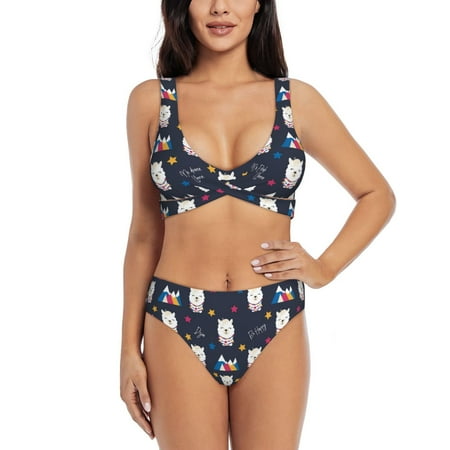 Zeuib Llamas 1 High Waisted Tummy Control Bikini Set - Knot Front Push Up Top & Cheeky Thong Bottom  Two-Piece Swimsuit for Women-XX-Large