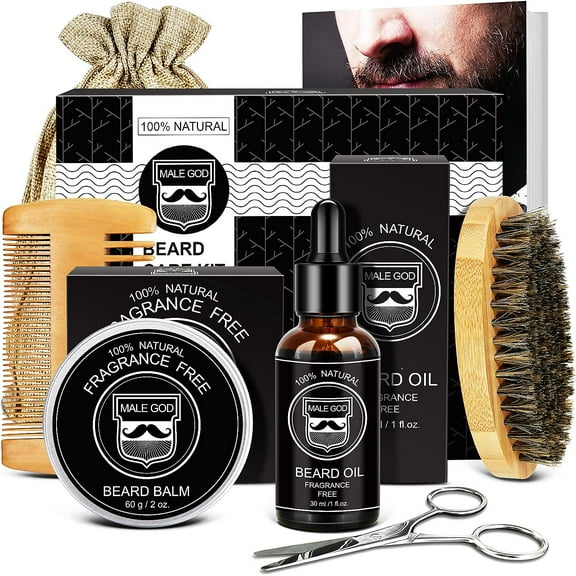 Beard Kit, Beard Growth Kit for Men Gifts, Organic Beard Oil, Beard Balm, Beard Comb, Beard Brush, Beard Grooming Kit for Valentines Day Gifts