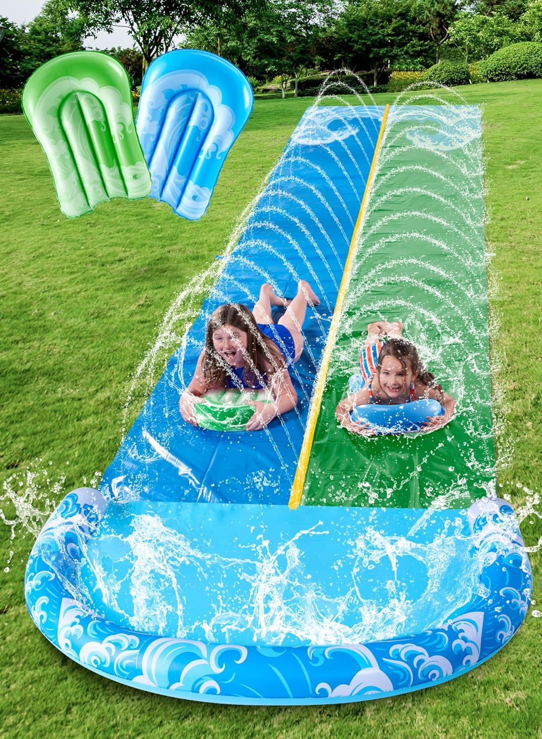 22.5FT Double Lawn Water Slide with 2 Inflatable Boards Heavy Duty Backyard Summer Water Toy for Kids Adults