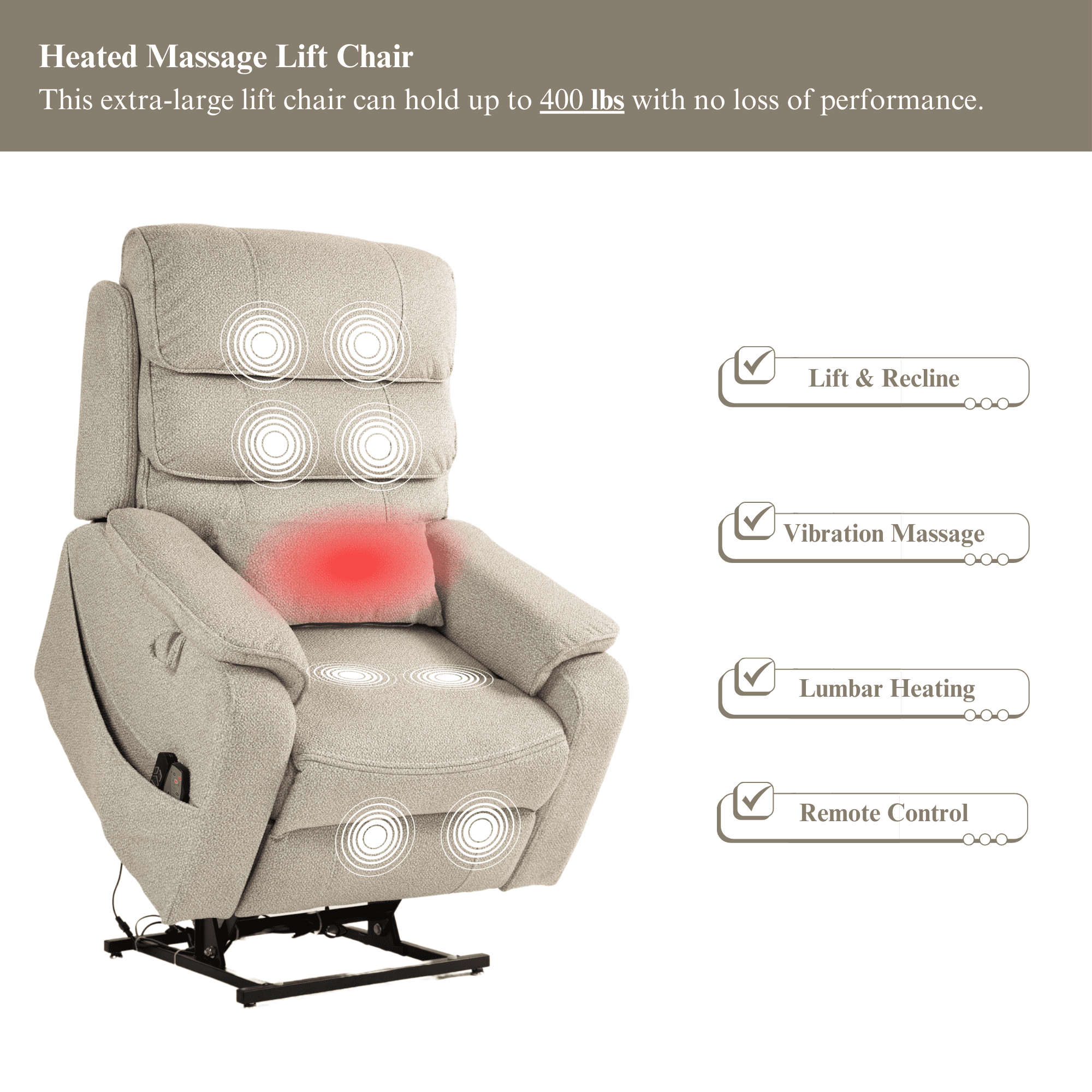 JUUXO Lay Flat Recliner with Tabletop - Wireless Phone Charger, Cup Holder & Lumbar Pillow - Dual Motor Lift Chair Fully Recline Length 74.8 inches - Perfect for Big & Tall - 400 lbs Capacity