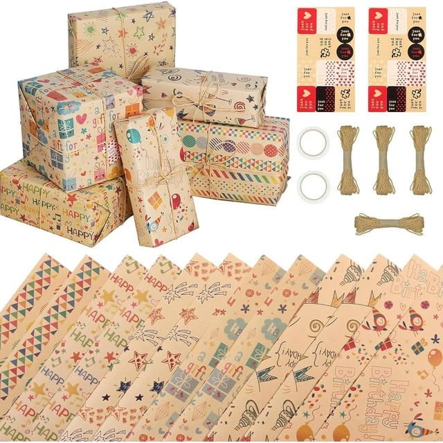 Papel de Regalo Kraft, Reciclable Papel Envoltura Envolver Regalos Papeles Craft con Pegatinas, Cintas Adhesivas de Doble Cara y Cintas para Cumpleaños Navidad