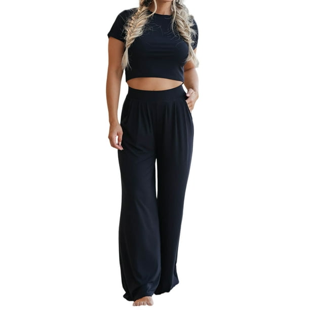 Conjunto Sexy De 2 Piezas Traje básico de mujer de 2 piezas Ombligo expuesto Casual Vacaciones Vacaciones (Negro XL) Cgtredaw Para estrenar