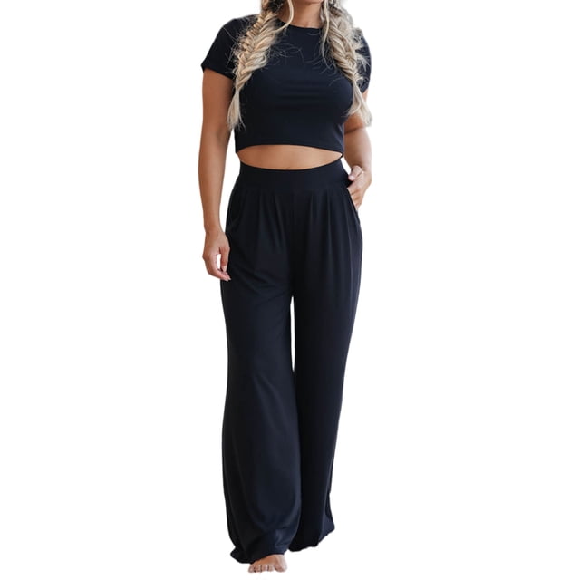 Conjunto Sexy De 2 Piezas Traje básico de 2 piezas para damas Ombligo expuesto Casual Vacaciones Vacaciones (Negro L) Cgtredaw Para estrenar