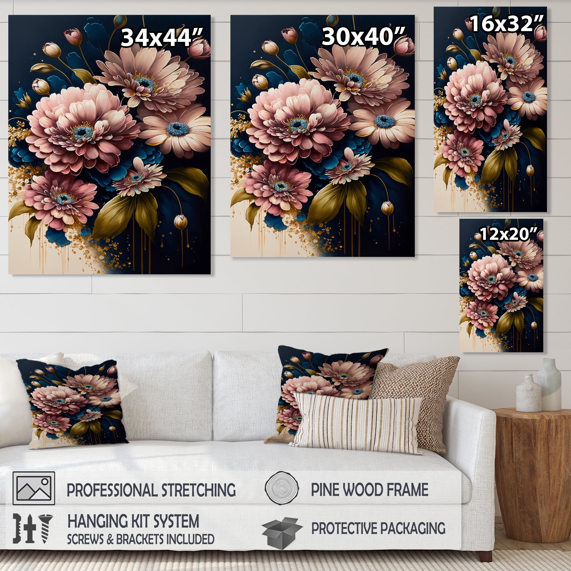 Designart Burgundy And Blue Daisy Bunch I Canvas Wall Art