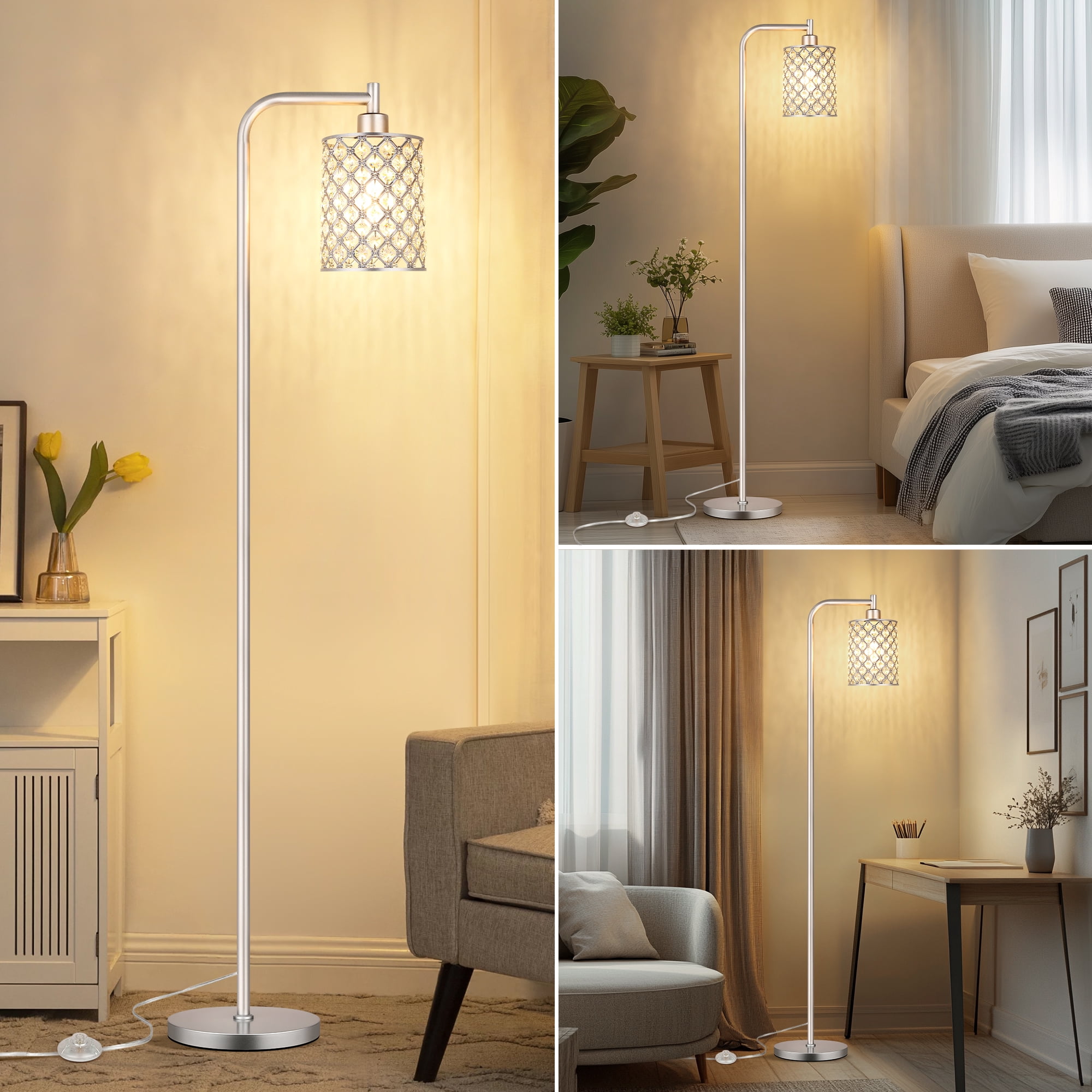 67” Industrial Floor Lamp for Living Room, Modern Standing Lamp with Crystal Lampshade Tall Lamp for Bedroom Study Room, Silver