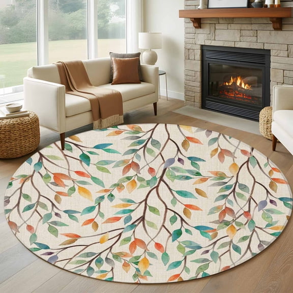 Round Area Rugs Collection 6 Ft, Teal Orange Eucalyptus Non-Slip Residential Carpet, Spring Botanical Leaves Indoor Crawling Mats Runner Rugs for Living Room/Dining Room/Bedroom