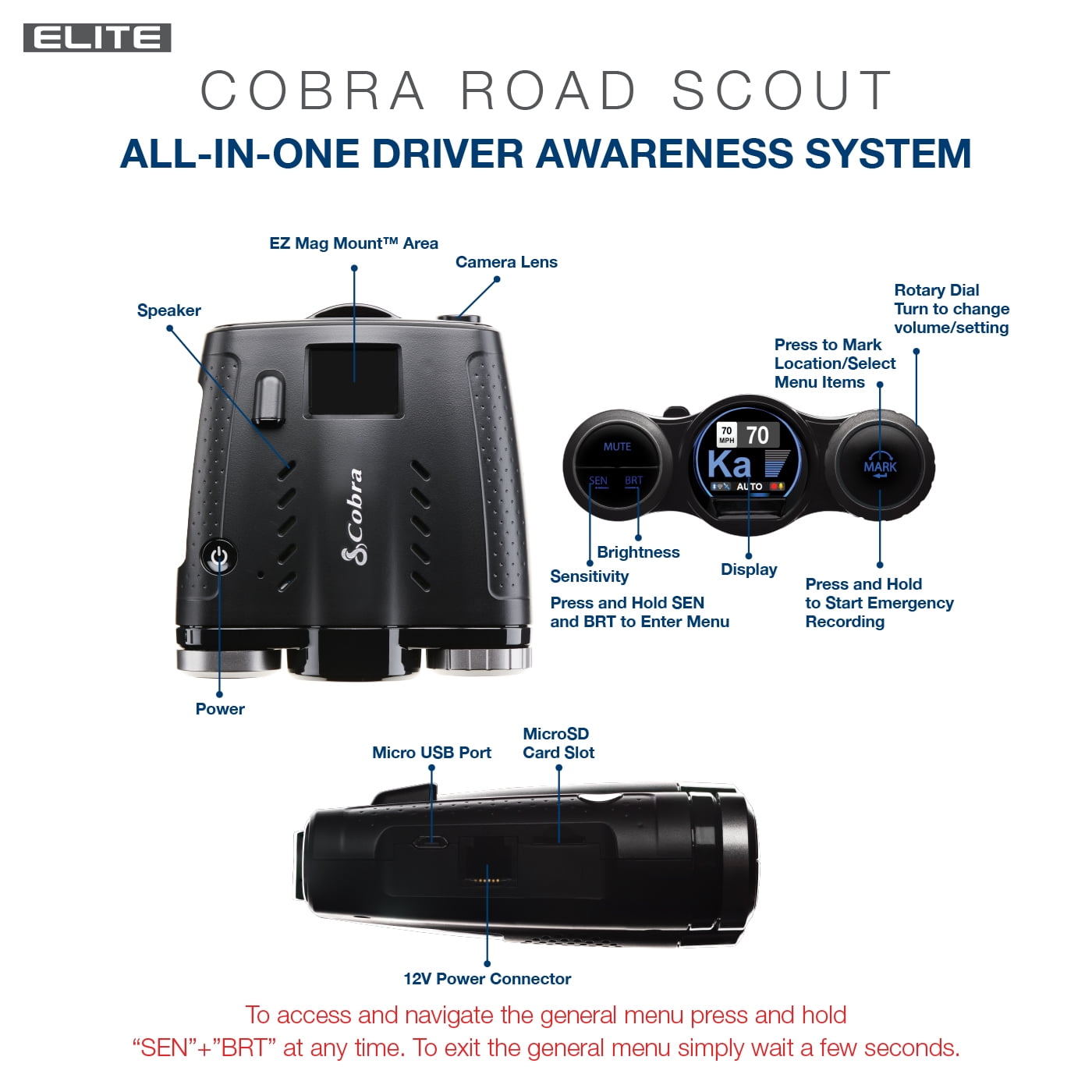Cobra 0181000-0 Elite Series Road Scout Radar/Laser Detector and Dash Cam  with Bluetooth