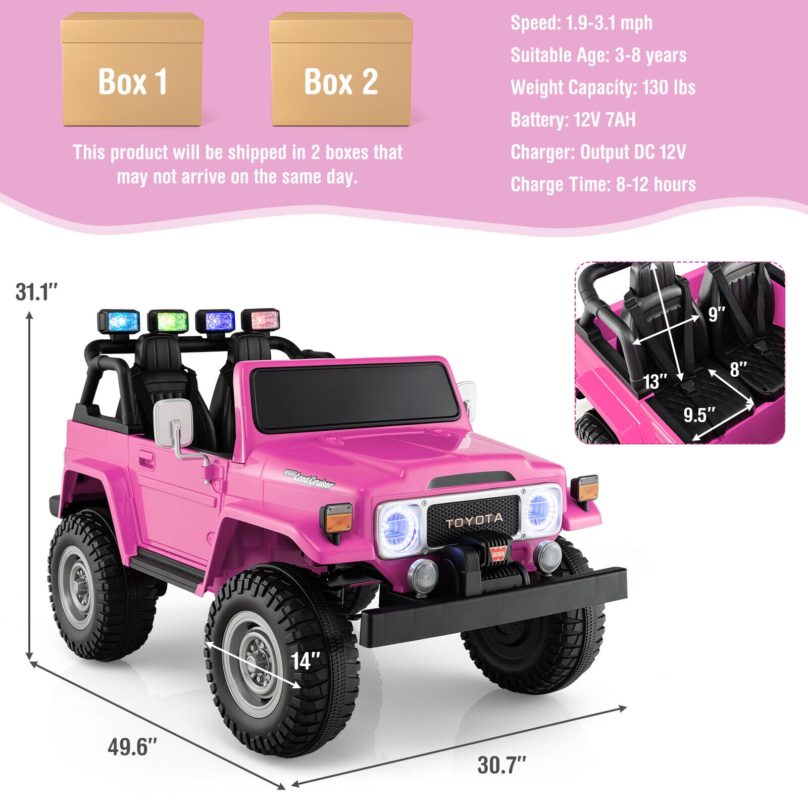 Gymax 2 Seater Ride On Truck Car 12V Licensed Toyota FJ40 RC w/ Laser Light & Music Pink