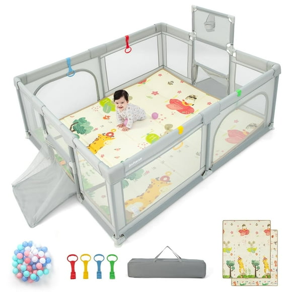 OLAKIDS Baby Playpen, 74” x 62” Extra Large Baby Play Yard with Crawling Mat, 50 Ocean Balls, 4 Pill Up Rings, Basketball Hoop and 2 Football Gates for Toddlers, Indoor Activity Center (Light Gray)