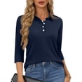thumbnail image 2 of Qwertyu Polo Shirts for Women 3/4 Sleeve Tops Golf Tees Button Collared Cotton Shirt Business Casual Navy XL, 2 of 5