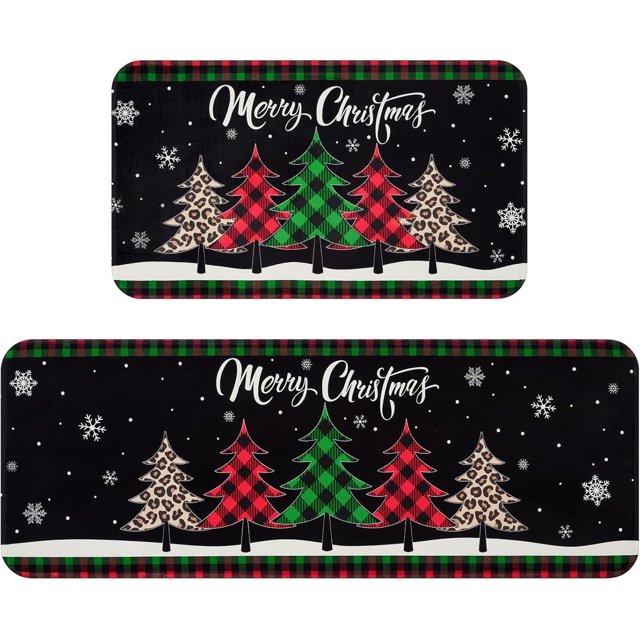 Christmas Kitchen Rugs Set of 2, Christmas Tree Kitchen Rugs Non Slip Washable, Winter Green Red Buffalo Plaid Kitchen Floor Mats Low-Profile, Christmas Decorations, 18''x 48''+ 18''x 30''